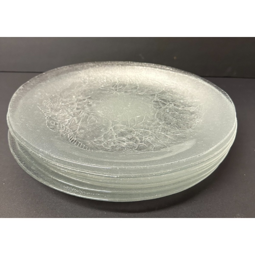 Fruit Embossed Dinner Plates Clear Glass Frosted 10 7/8" Set Of 8